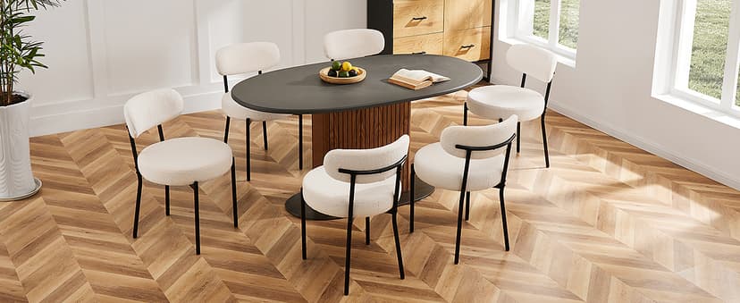 DUMOS Dining Chairs Set of 4, Mid Century Modern Chair Round Upholstered Curved Backrest, Kitchen Vanity Living Room Chairs with Black Metal Legs,Light Beige