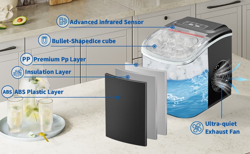 26LBS Per Day Portable Countertop Ice Maker, Self-Cleaning 2 Sizes of Bullet Ice Machine with Scoop and Basket, 9 Cubes in 6 min,Ideal for Home/Kitchen/Bar/Camping (Home, 26.5LBS/Day)