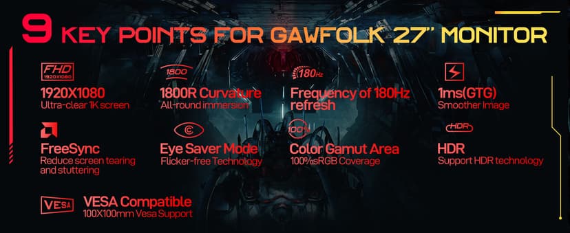 Gawfolk 27 inch Curved Gaming Monitor,144Hz/180Hz PC Monitor Full HD 1080P, Frameless 1800R Computer Display with FreeSync & Eye-Care Technology, Wall Mountable, DP, HDMI Port (Black)