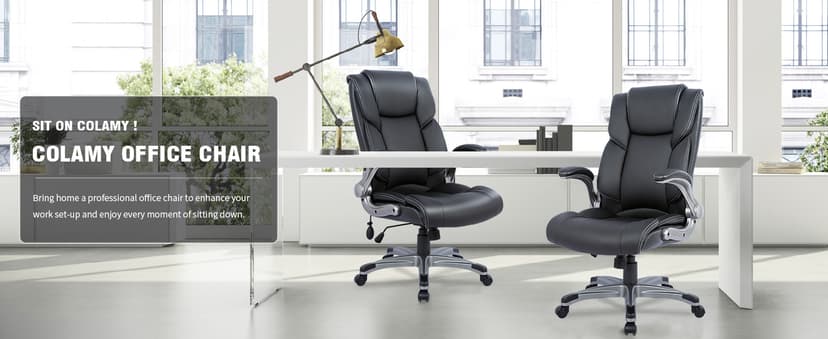 COLAMY Leather Executive Office Chair- High Back Home Computer Desk Chair with Padded Flip-up Arms, Adjustable Tilt Lock, Swivel Rolling Ergonomic Chair for Adult Working Study-Black, Set of 2