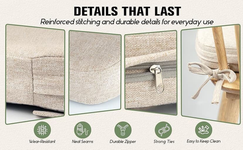 kingphenix Dining Chair Cushions Set of 4, 2.5 inch Thick Kitchen Chair Pads with Ties, Non Slip Bottom, Removable Washable Cover, 17” x 16”, Beige