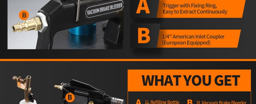 FOUR UNCLES 2L Brake Bleeder Vacuum Pump Kit - Pneumatic Brake Fluid Extractor with 1L Refilling Bottle & Adapters for Automotive Bleeding, One-Person Operation