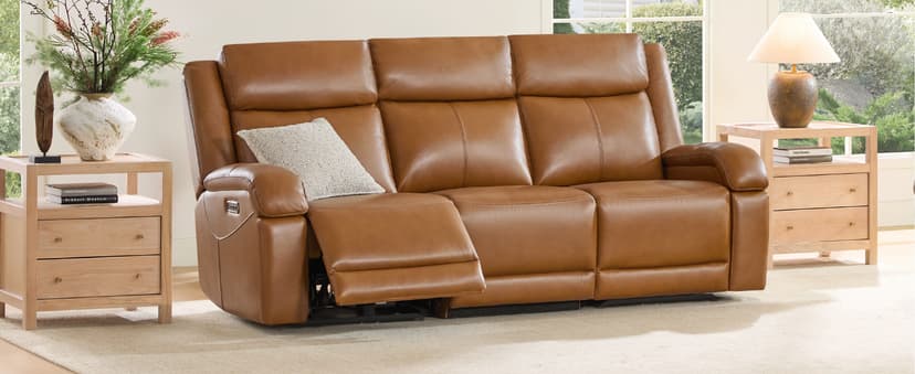 Watson & Whitely Genuine Leather Power Recliner Sofa, 3 Seater Wall Hugger Reclining Sofas with Power Headrest, USB & TypeC Ports, Electric Recliner Couch Set for Living Room, Saddle Brown