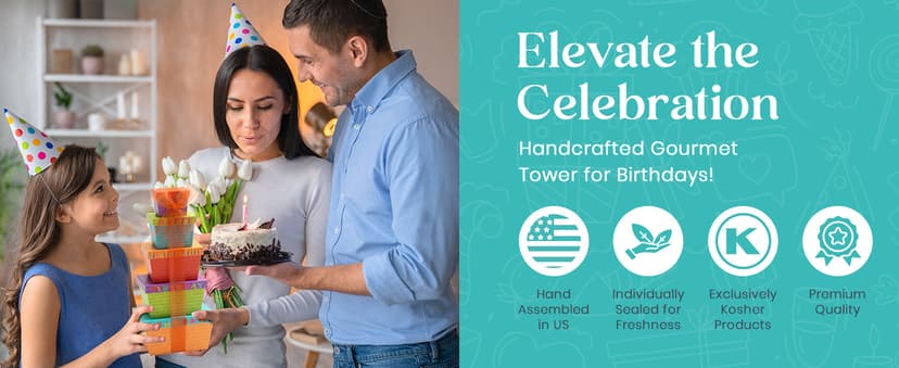 Broadway Basketeers Birthday Gift Basket Tower – Snack Boxes with Gourmet Cookies, Chocolates & Popcorn – Happy Birthday Gifts for Women, Mom, Sister, Friends & Coworkers