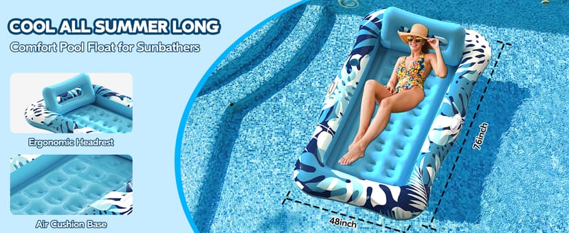 Pool Floats Adult,76" x 48" XL Inflatable Tanning Pool Lounger Float with Pillow,4 in 1 Suntan Tub Sunbathing Raft Floatie Water-Filled Mattress Kids Pool Ball Pit,Perfect for Lake River Party & Relax