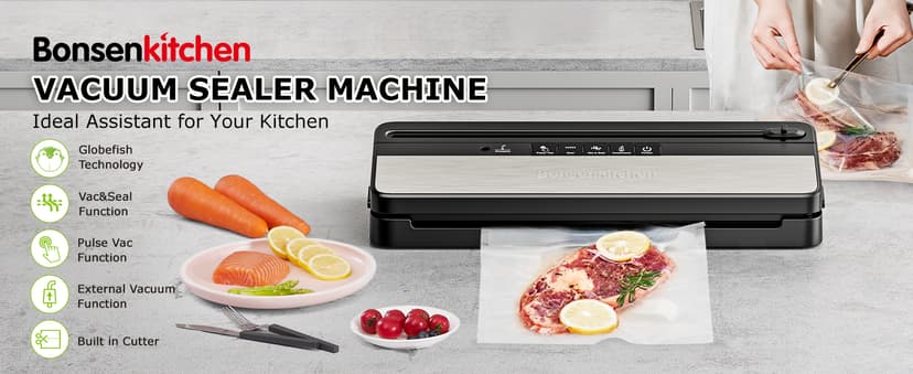 Bonsenkitchen Vacuum Sealer, Multi-Functional Food Sealer with 1 Roll Bag+ 5 Bags, Bag Storage | Built-in Cutter, Silver-Stainless steel