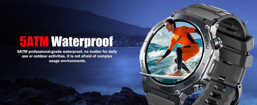 Military Smart Watch for Men Built-in GPS with LED Flashlight Compass, 1.43" AMOLED Display 5ATM Waterproof Fitness Tracker with Heart Rate/Sleep/Blood Pressure, Watches for Android/iPhone, Black