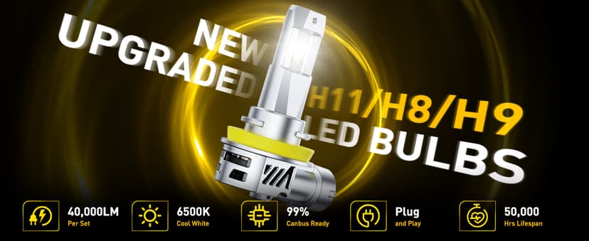 AUXITO H11 Light Bulbs, 40000LM 6500K Cool White H9/H8/H11 LED Fog Light Bulbs with Fan 1:1 Mini Size, CANbus Ready No Flicker, Pack of 2