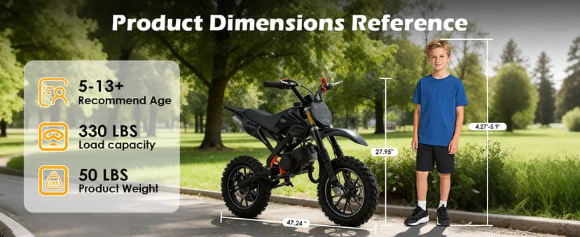 50cc Kids Dirt Bike, 2-Stroke Gas Powered Mini Motorcycle Up to 40MPH, Off-Road Dirt Bike for Kids 8-14 with Front Rear Disc Brakes, Double Shock Absorption (Black)