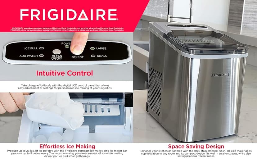 Frigidaire 26 Lbs per Day Portable Compact Maker, Ice Making Machine, Stainless, Medium