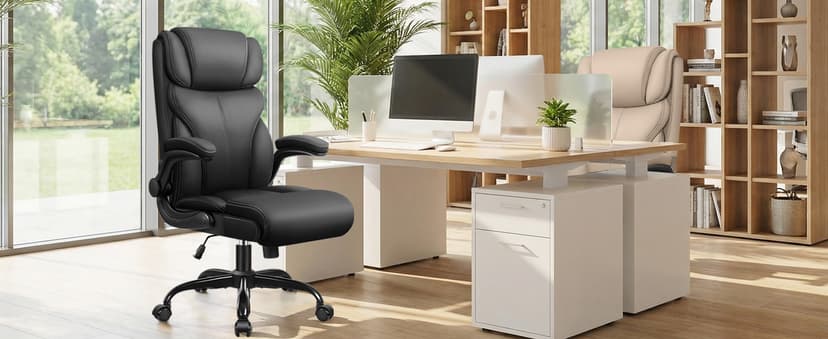 Primy Office Chair, Ergonomic Leather Desk Chair with Flip-up Armrests, Big and Tall High Back Executive Computer & Gaming Chair with Footrest, Comfy Padded, Rocking Function and Lumbar Support(Black)