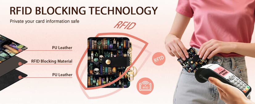 Jogjam Black Cat Floral Rfid Women Wallet, Small Slim Thin Credit Card Wallet, PU Leather Bifold Cash Zipper Coin Pocket ID Window for Female Ladies Teen Girls Girly