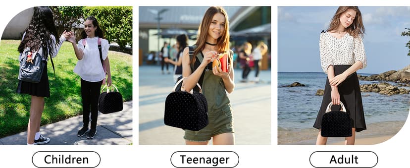 EurCross Upgraded Compact Black Lunch Bag for Girls Women,Canvas Reusable Insulated Polka Dot Lunch Tote Box Bag for Work School