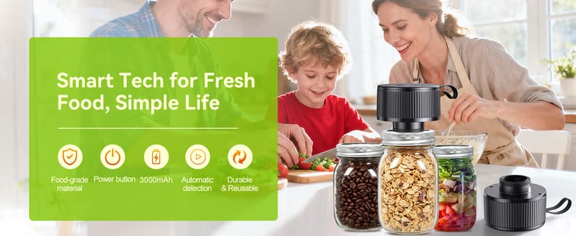 Upgraded 3-in-1 Electric Mason Jar Vacuum Sealer Kit for Mason Jars, Food Savers & Containers | Food Preservation System for Kitchen | Ideal for Canning Jams, Pickles, Dry Foods, Grains & Leftovers