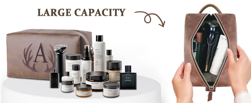 Unique Mens Toiletry Travel Bag Monogrammed Initial PU Leather Waterproof Shaving Bag for Toiletries Accessories Personalized Retirement Anniversary Thank You Gifts for Men Husband Him (R)