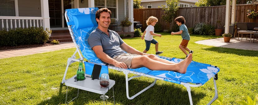 KingSom Sun Tanning Chair with Face Hole,Beach Lounge Chair with Folding Side Table,6-Position Recliner Chaise Lounge Chair,Pool Lounge Chair Outdoor Lay Flat with Pillow & Pocket,Max 350lbs-White