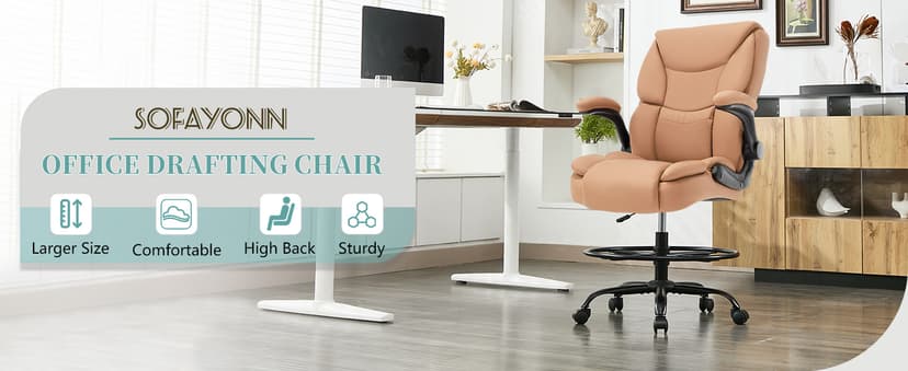 Ergonomic Drafting Chair, Tall Office Chair for Standing Desk, High Back Standing Desk Chair with Flip-Up Armrest, Adjustable Height&Foot Ring, Executive PU Leather Extended Height Office Chairs,Brown