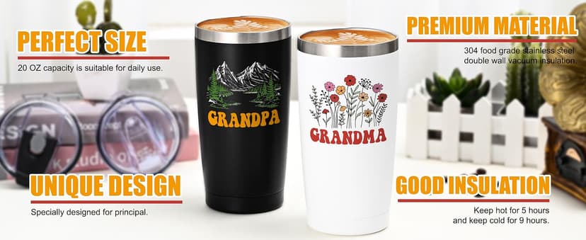 Qtencas Grandma and Grandpa Gifts, Grandparents Christmas Gifts, Grandpa and Grandma insulated Travel Tumbler Set, Gift for Grandparents on Christmas Birthday Anniversary, 20 Oz Black & White