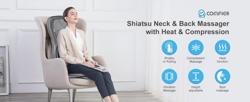 COMFIER Massager Chair with Heat, Shiatsu Neck Back Massager Portable with Compression & Rolling,Massage Chair Pad for Neck & Back for Muscle Tension Relief, Father Day Gift