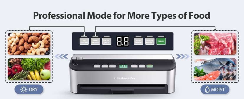 PressFree TRUE-Auto Vacuum Sealer Machine, Beelicious 85KPA Fully Automatic 8-IN-1 Food Sealer with Bags Storage, Build-in Cutter, Moist Mode and Air Suction Hose |Sous Vide | Digital Countdown