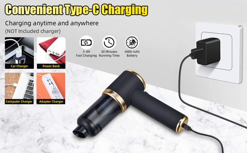 ZLieatmp Bug Vacuum Catcher,12000Pa Handheld Car Vacuum Cleaner,Suction/Blow/Charge/Extract/4-In-1 Portable Cordless Vacuum Cleaner,30-Minute Run Time Suitable for Home,Indoor and Outdoor Cleaning