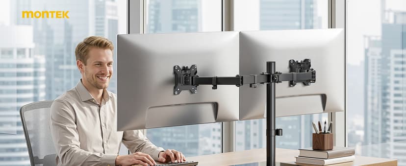 monTEK Freestanding Dual Monitor Stand with Sleek Glass Base for 17-32 inch Screens, Heavy-Duty Dual Monitor Mount Holds 22 lbs per Arm, Fully Motion Height Adjustable, VESA 75/100 MM