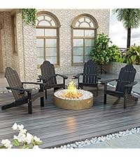 LUE BONA Folding Adirondack Chair, Chairs Set of 4, Cup Holder, Woodgrain, Fire Pit, Patio, Pool, Black