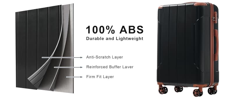 Merax Luggage Sets 3 Piece Hardshell 8 Spinner Wheels Lightweight Suitcase Corner Guards Travel Luggage (Black brown 20IN 24IN 28IN)