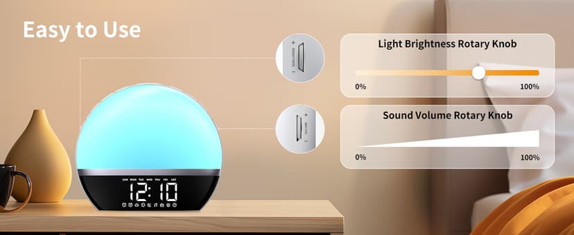 SoundLegend FM Radio Sunrise Alarm Clock Sound Machine Wake-Up Light Sunrise Sunset Simulation Adjustable Volume Brightness Sleep Aid 13 Colors 23 Sounds 28 Tunes Snooze Dual Alarm 4 Timers