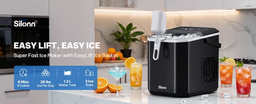 Silonn Ice Maker Countertop, Portable Ice Machine with Carry Handle, Self-Cleaning Ice Makers with Basket and Scoop, 9 Cubes in 6 Mins, 26 lbs per Day, Ideal for Home, Kitchen, Camping, RV