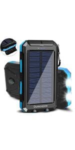 Solar Charger Power Bank, 20000mAh Portable Outdoor Waterproof Solar Battery Charger, Camping External Backup Battery Pack USB C Ports Input/Output, 2 Led Light Flashlight with Compass (Blue)