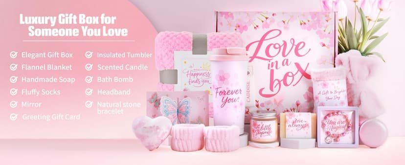 Birthday Gifts for Women, Gift Basket for Mom Wife Sister Her Friends, Luxury Self Care Spa Set with Blanket, Thank You Get Well Soon Holiday Gifts Box for Mother Valentine Day (Red)