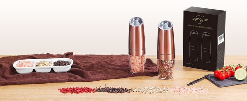 Sangcon Gravity Electric Salt and Pepper Grinder Set Automatic Shakers Mill Grinder with LED Light, BATTERY POWERED Adjustable Coarseness One Hand Operation, Upgraded Larger Capacity