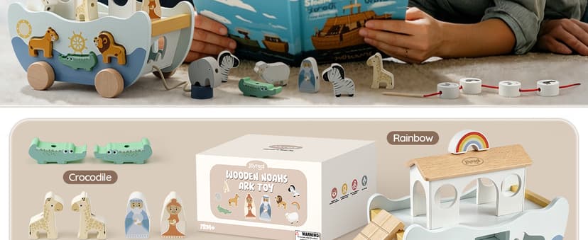 Neutral Color, Montessori Educational Toy, Animal Shape Sorter, Christian Toys for Toddler 1-3, Christmas Birthday Gift Joyreal Wooden Noah's Ark Toy for 1 Year Old Baby Boy and Girl Baptism Gift B0F3XF1SH8