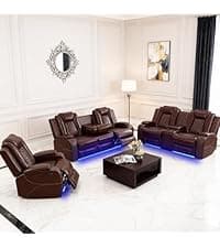 Saxum Tegmen Living Room Furniture Sets, Leather Recliner Sofa, Sectional Sofa Set with Convertible Table & Cup Holders, 3 Pieces Furniture for Living Room/RV/Office (3 Pieces Set, Brown Leather)