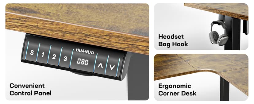 HUANUO 63″ L-Shaped Standing Desk, Built-in Power Outlets, Electric Height Adjustable Corner Computer Desk, Large Power Strip Holder, Sit Stand Up Desk with 3 Preset Heights, Vintage Brown