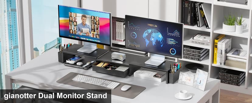 gianotter Dual Monitor Stand Riser, Desk Organizer With Drawer and 2 Pen Holders, Computer Monitor Stand, Desk Shelf for Top of Desk (Black)