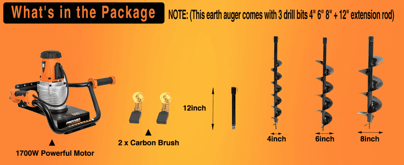 PROYAMA Electric Post Hole Digger, 1700W Corded Earth Auger with 4" 6" 8" Drill Bit, 12" Extension Rod, Reverse Control, 5-Year Warranty Gear Box, Ideal for Post Hole Digging, Drilling, Tree Planting