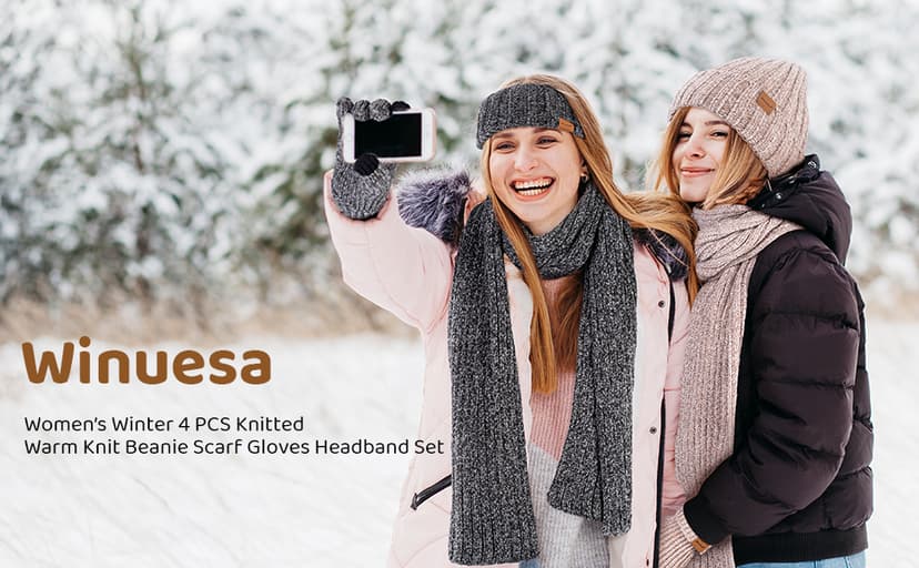 Women Beanie Scarf Gloves Headband Set, Chenille Winter Hats Fleece Lined Ear Warmer Knit Scarf Touchscreen Gloves 4 Gift Set