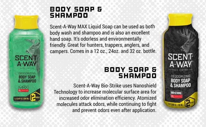 Hunters Specialties Scent-A-Way MAX Liquid Body Soap & Shampoo - Odorless Green Soap Scent Eliminator for Hunters, Trappers, Anglers, and Campers - 24 OZ