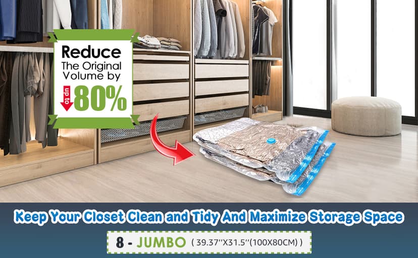 BoxLegend Vacuum Storage Bags with Large Size Hand Pump 8 Jumbo 31.5’’x39.37’' Thickened Vacuum Seal Bags for Clothing Space Saving Vacuum Pack Storage Bags for Pillow Comforters Bedding