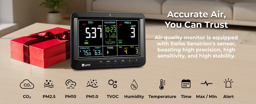 Air Quality Monitor Indoor 7.5" Display + Alerts, CO2 Monitor PM2.5 PM1.0 PM10 with TVOC Temperature Humidity for Home, Kitchen, Bedroom, Office, RV