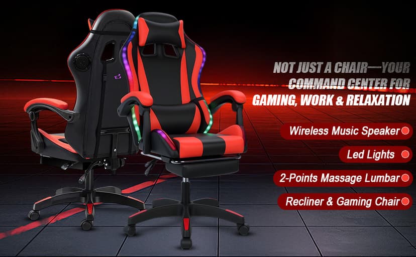 Gaming Chair with Bluetooth Speakers and Led Lights, Massage Gamer Chair with Footrest High Back and Lumbar Support, Ergonomic Height Adjustable Video Game Chairs Recliner for Adults (Black Red)