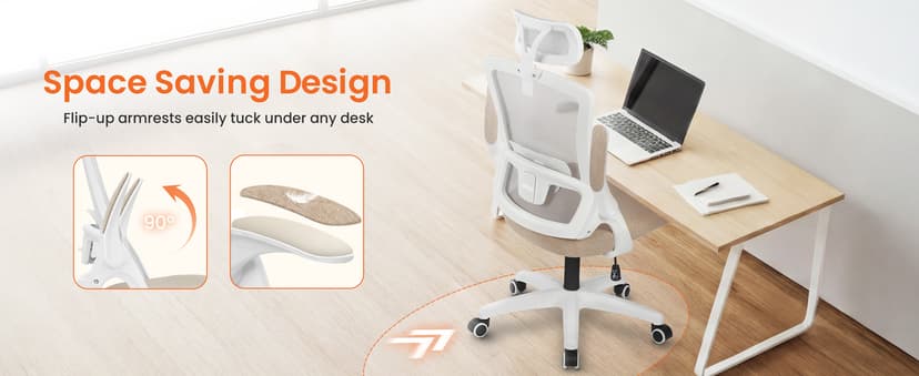 NEO CHAIR Office Desk Chair Gaming Computer High Back Support Mesh Comfy Seat with Adjustable Ergonomic Headrest Lumbar Rolling Flip-up Armrests and Wheels (Beige)