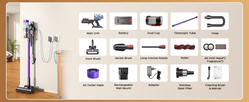 Cordless Vacuum Cleaner 65min/600W/50KPA Self-Standing Vacuum Cleaners for Home with 3.3Ft Hose & Auto Mode, Wall Mount Charging Stick Vacuums with Fragrance Dust-Scraper for Hardwood Floor/Car/Pet