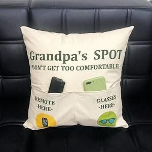 Grandpa Gifts,2-Pocket Grandpa’s Spot Throw Pillow Covers 18x18 Inch + Engraved Spoon, Fathers Day Birthday Christmas Thanksgiving Day Gifts for Papa, Granddad