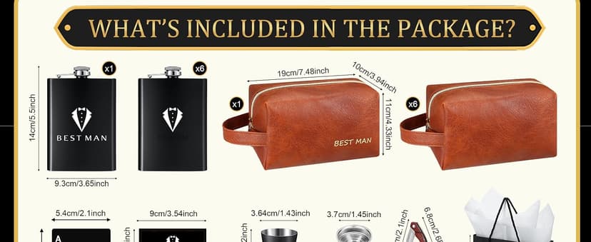 Complete Groomsmen Proposal Gift Set for Wedding with Flasks Shot Glasses Toiletry Bags Sunglasses Gift Cards and Bags Rigibright 70 Pcs Groomsmen Gifts Set of 7 for Wedding Best Man Gift B0DNW32F5Z