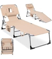 COSTWAY Tanning Chair with Face Hole, Folding Beach Lounge Chair with 4-Position Adjustable Backrest, Pillow & Side Pocket, Foldable Chaise Lounge Chair Outdoor for Sunbathing, Camping (1, Beige)