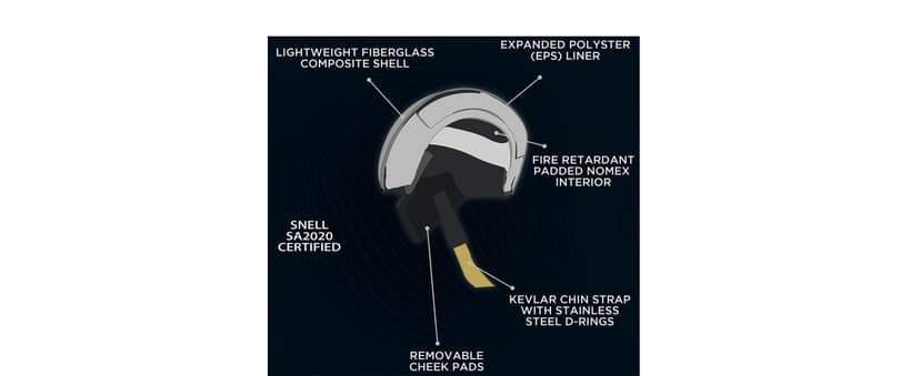 Conquer Snell SA2025 Approved Open Face Auto Racing Race Car Helmet - Adult | Men | Women | Youth - ( Black / White / Silver )