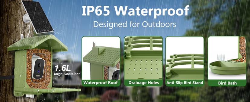 Smart Bird Feeder with Camera Solar Powered, AI Birds Species Identification, 2.5K HD Video Bird House with Camera for Outside, Weatherproof Design Ideal Gifts for Christmas, Bird Lovers, Green